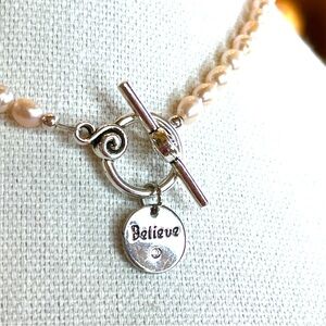 Cultured Pearl Rice Bead Minimalist Necklace With Silver Tone Believe Swarovski